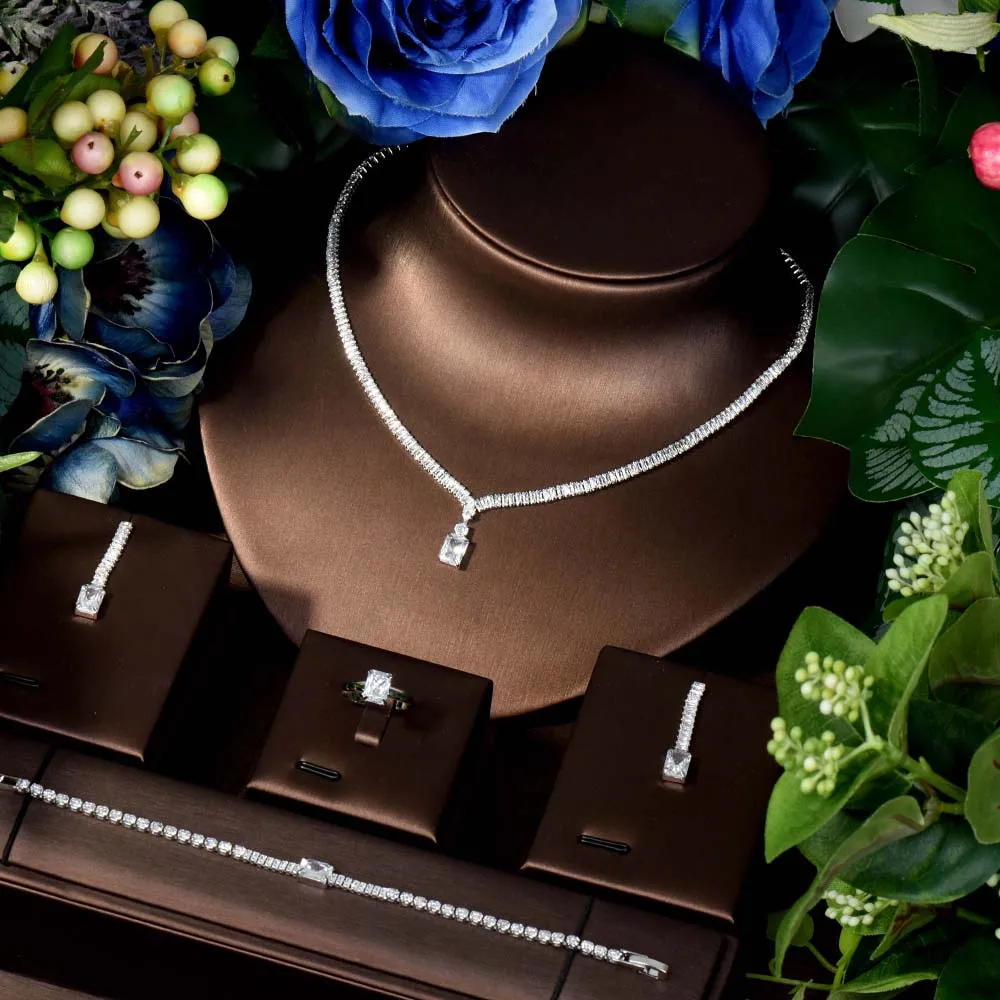 

HIBRIDE Small Square Delicate Hundreds of Accessories Bridal Wedding Ladies Gift Necklace Earrings Jewellery 4 Pcs Party S-307