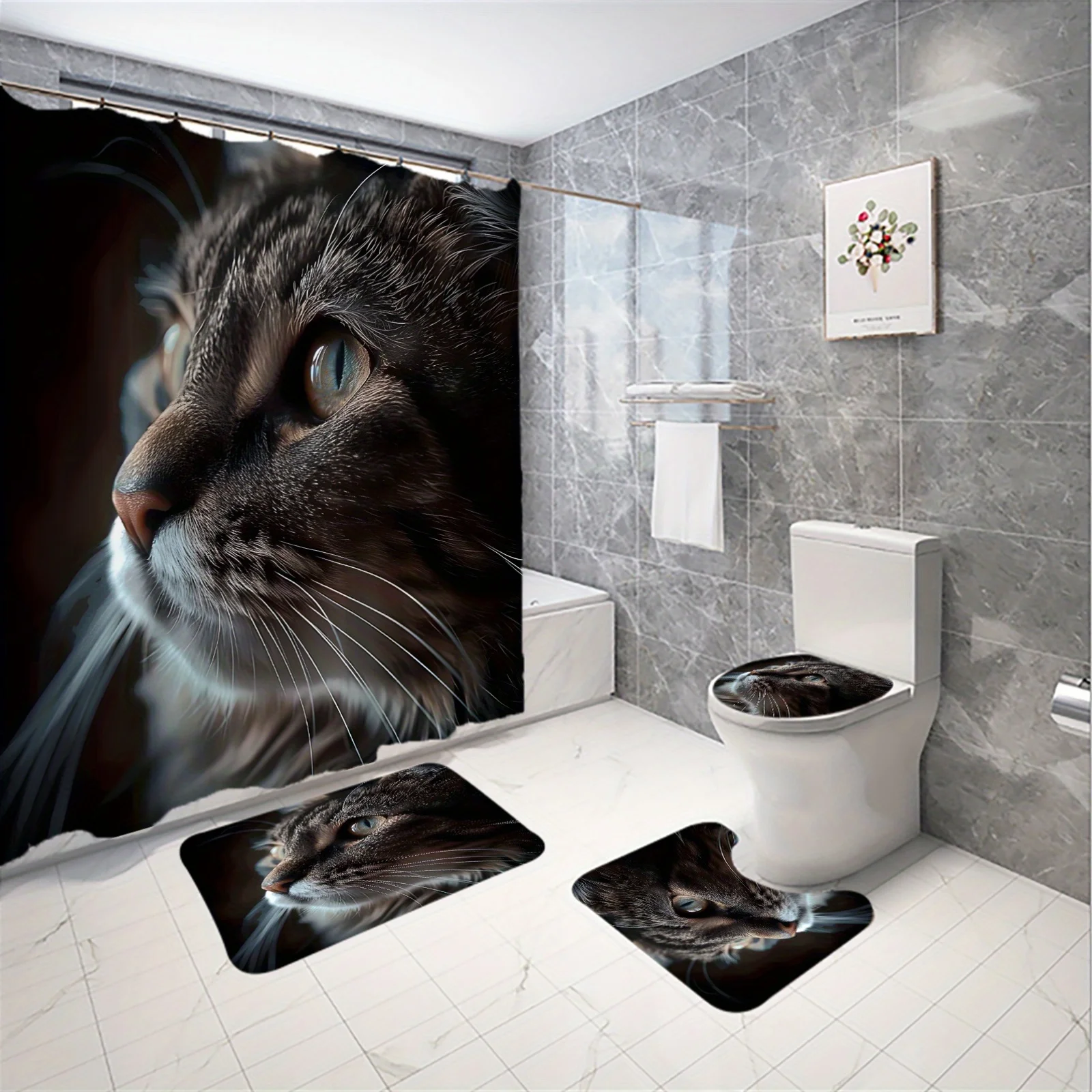 

4 шт., набор занавесок для душа премиум-класса с черным фоном и рисунком кота, занавески для ванной комнаты, декоративная занавеска для душа для ванной комнаты, напольный коврик