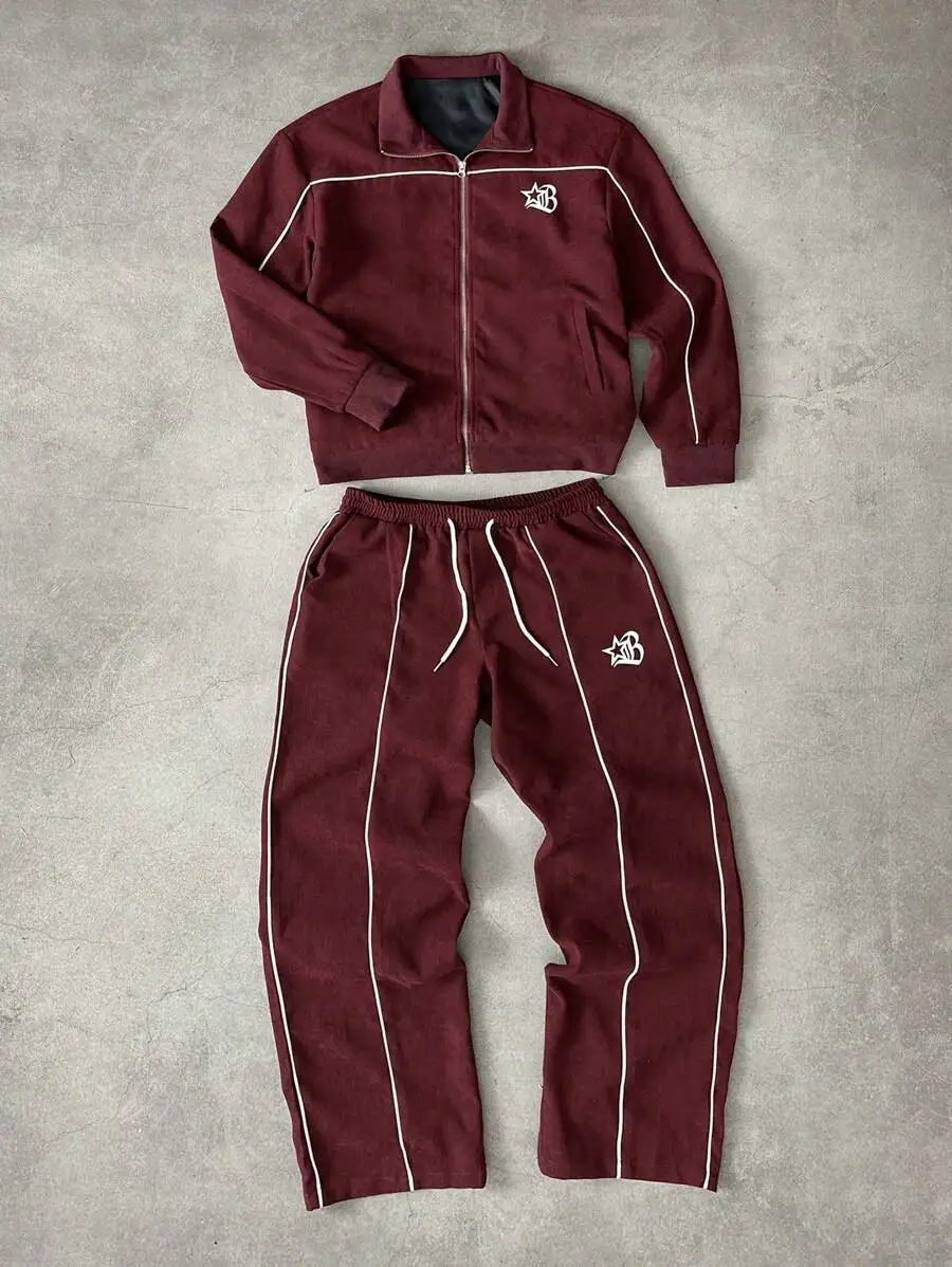 Burgundy 2-Piece Casual Track Suit with White Trim Zip-Up Jacket and Drawstring Pants