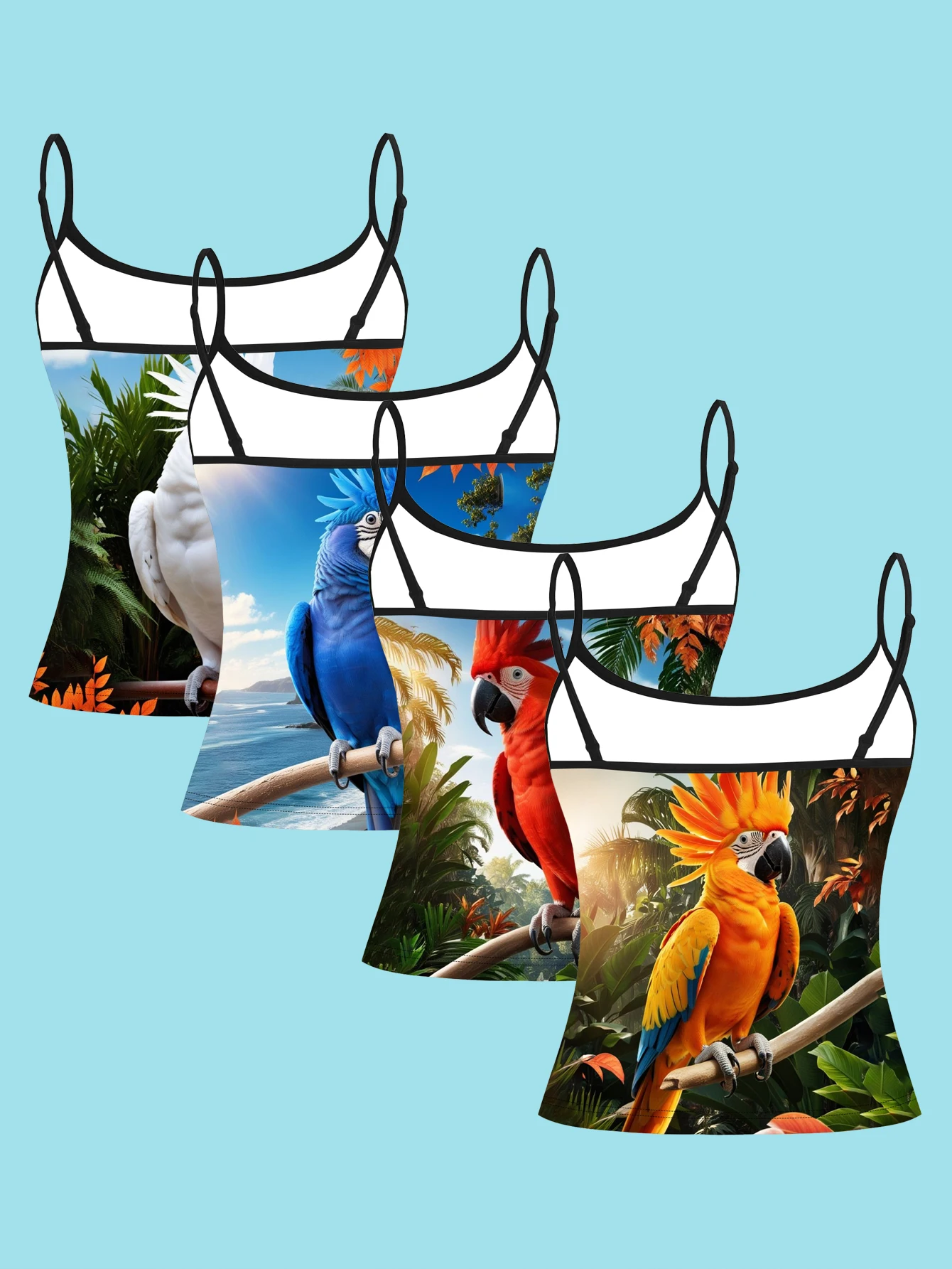 4-Piece Tropical Landscape Cockatoo Suspender Set, Colorful Bird Pattern Women's Spaghetti Strap Inner Top