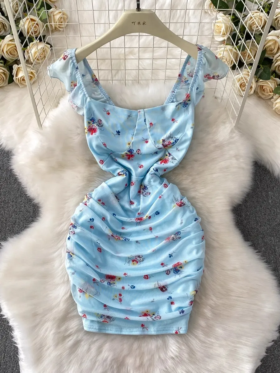 Foamlina 2025 New Floral Print Mesh Pleated Dress Women French Sexy Square Neck Flying Sleeve Slim Fit  Bodycon Dress