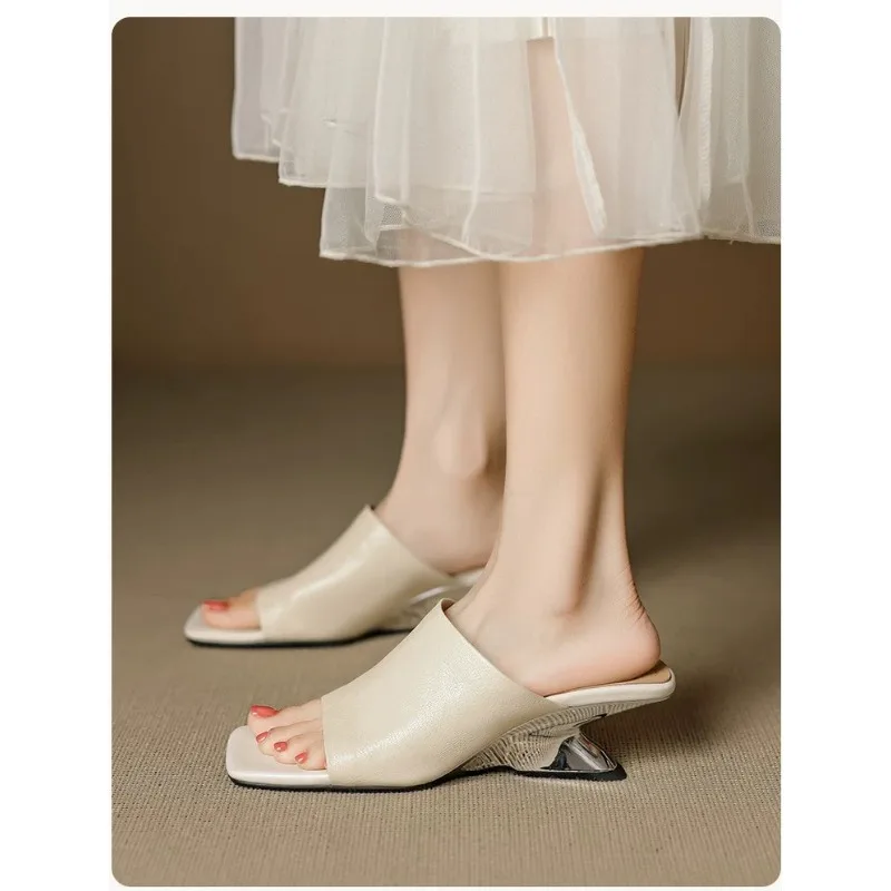Handmade Soft Leather One-word Slippers Women's Outer Square Toe Summer New Fashion Retro Temperament Sandals view 4