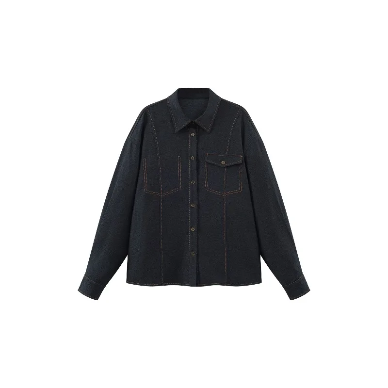 Casual overhemdjack met contrasterende steek Losse blouse met lange mouwen voor dames Stijlvol overhemd met kraag voor de herfst Gelaagde slanke look