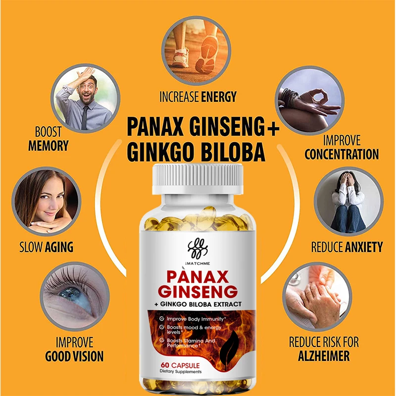 iMATCHME Red Panax Ginseng + Ginkgo Biloba + Ashwagandha for Energy, Strength, Focus, Memory and Mental Performan - 120PCS