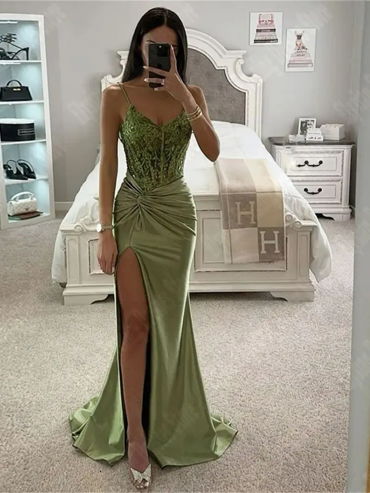 Vestido De Noche con bordado De encaje brillante, con tirantes finos traje Sexy, para fiesta De graduación, cóctel Formal