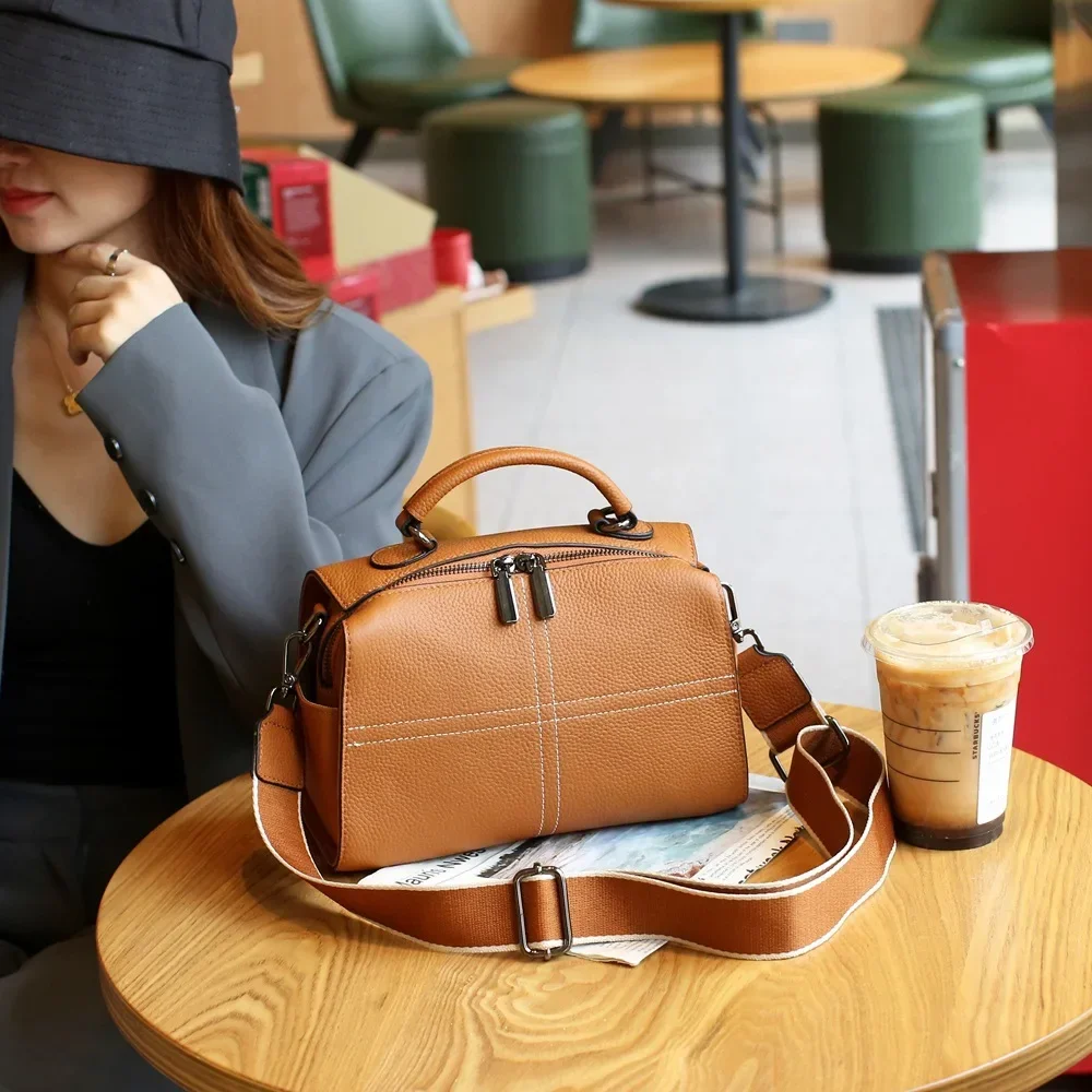 

2025 Boston Bag Leather Women's Handbag Fashion Layer Cowhide Single Shoulder Crossbody Designer Luxury Bag