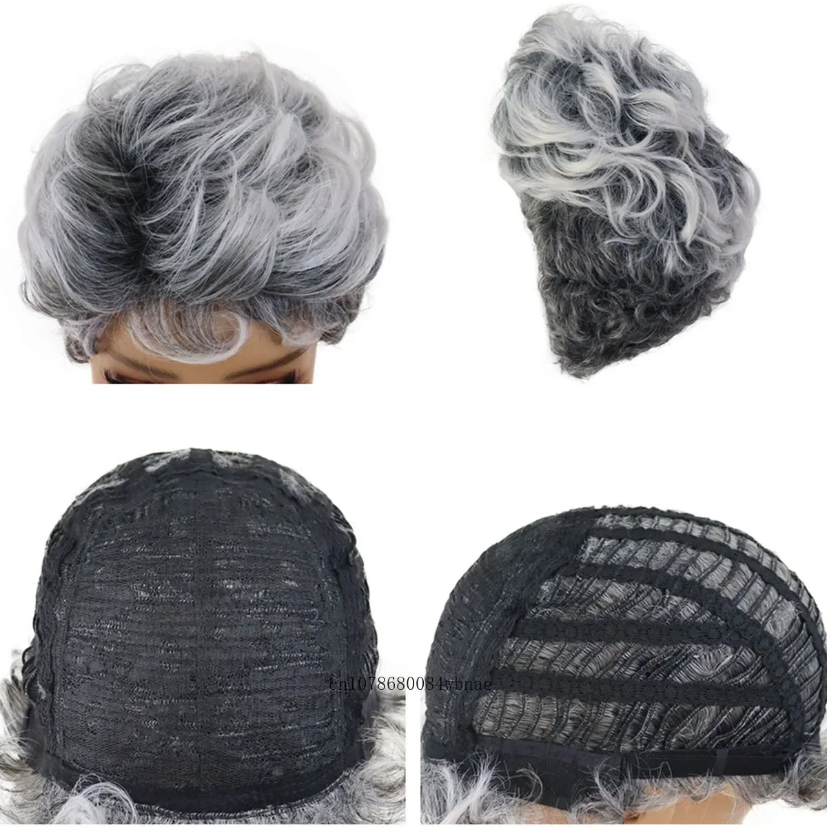 Classic Pixie Cut Hairstyle Synthetic Hair Short Ombre Grey Wig with Bangs Fluffy Curly Wigs for Women Heat Resistant Daily Use