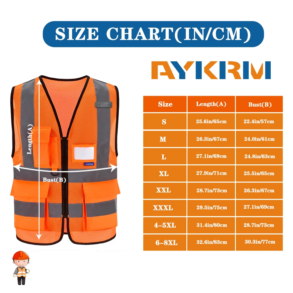 AYKRM 21 Colour （XS-8XL) Hi Vis Viz High Visibility Reflective Zip Pocket Security Waistcoats Jacket Workwear Vests