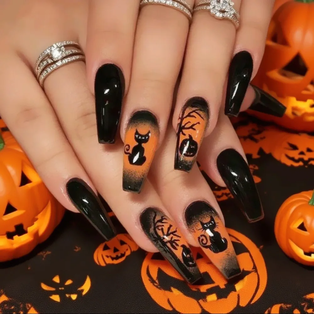 

Halloween Themed Press On Fake Nails Glossy Black Orange Long Coffin Tips With Spooky Designs For DIY Finger Manicures