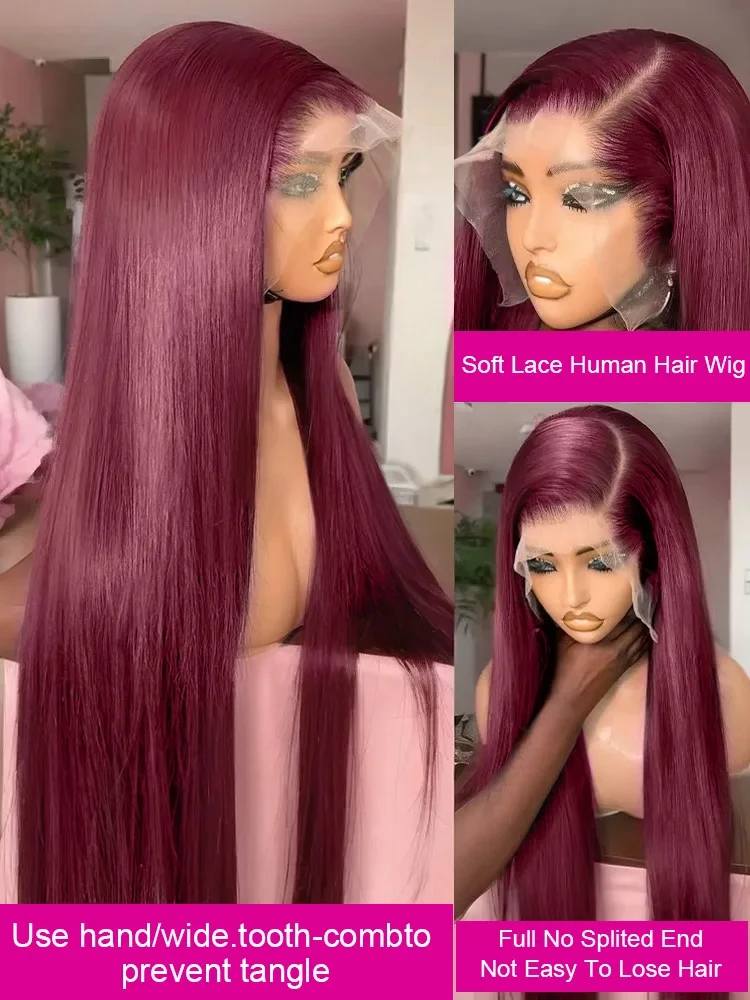 99j Burgundy 30 36 Inch Bone Straight 13x6 Hd Human Hair Lace Frontal Wig 13x4 Brazilian Red Colored Lace Front Human Hair Wigs view 5