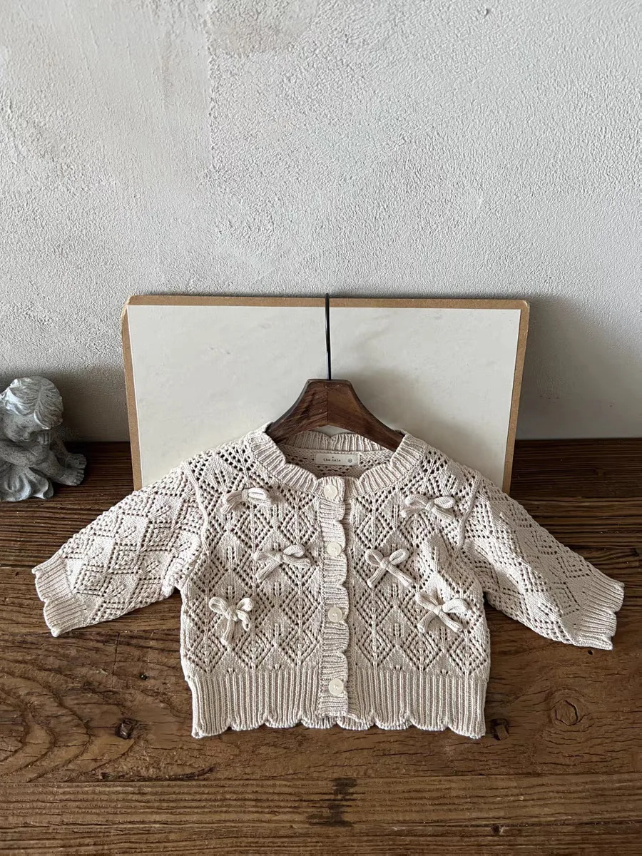 2024 Autumn New Baby Long Sleeve Coat Infant Girl Hollow Knit Jacket Kids Girl Lace Bow Knikt Cardigan Cotton Toddler Clothes