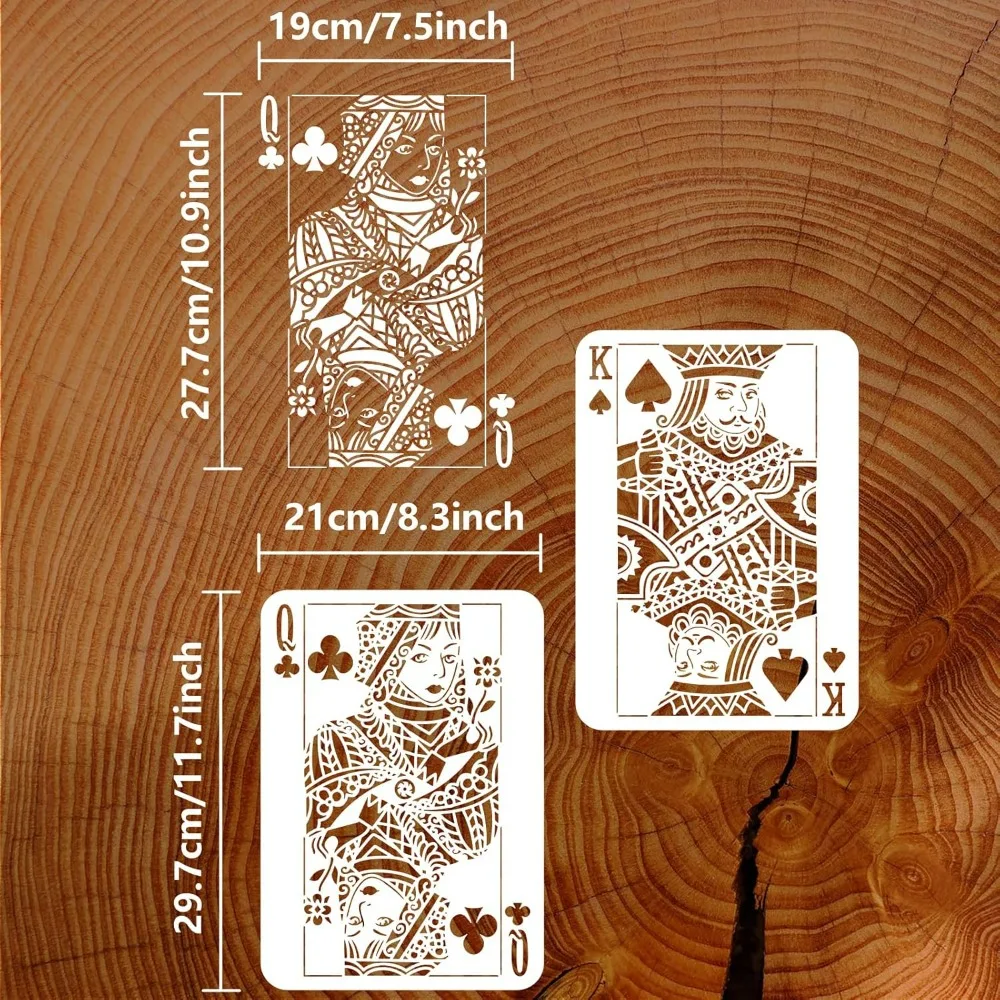 2 pcs Playing Cards Painting Stencil 8.3x11.7inch Reusable Spades Plum Blossom Queen King Drawing Template DIY Craft Poker