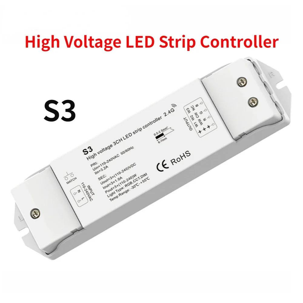 High Voltage LED Strip Controller 110-240VAC 3CH*1A 3in1 Function Used For Control Single Color RGB CCT High Voltage LED Strips