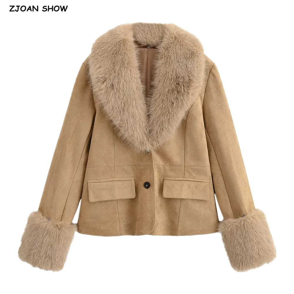 

Новая мода цвета хаки съемный замшевый пиджак с воротником из искусственного меха женский однобортный пиджак с длинным рукавом на пуговицах пальто короткая куртка костюм