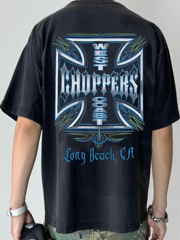 

West Coast Choppers Vintage American High Street Street Sle Worn-In Loose ort Sve T-irt ex Trendy round Ne