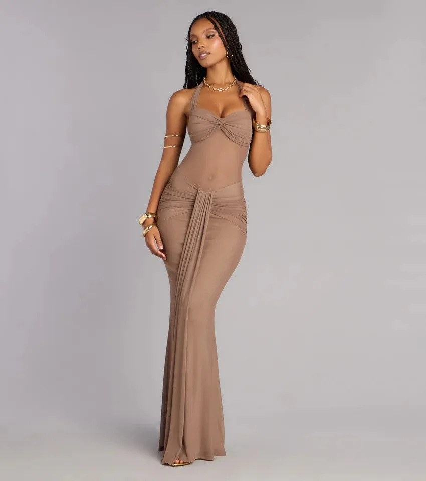 

Taupe halter neck pleated long dress Sexy backless slim fishtail dress Women's formal evening dress Nightclub party prom dress