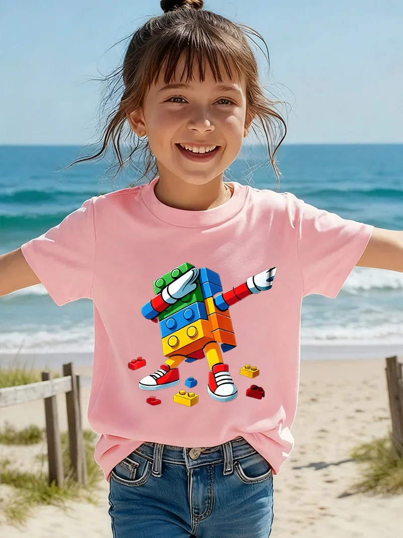 Summer Children's Dab Dance Colorful Building Block Robot Printed Short-Sleeved T-Shirt Boys and Girls Comfortable Casual Top