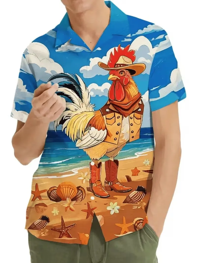 

Men's Funny Rooster Chicken Print Hawaiian Shirts Cute Cartoon Bird Short Sleeve Button Down Beach Shirt Summer Aloha Shirt
