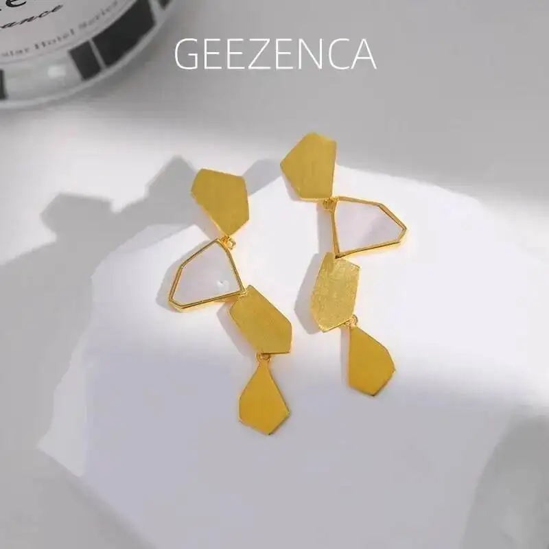 GEEZENCA 925 Silver Mother of Pearl Irregular Polygonal Earrings Women Original Design Minimalistic Geometric  Earring