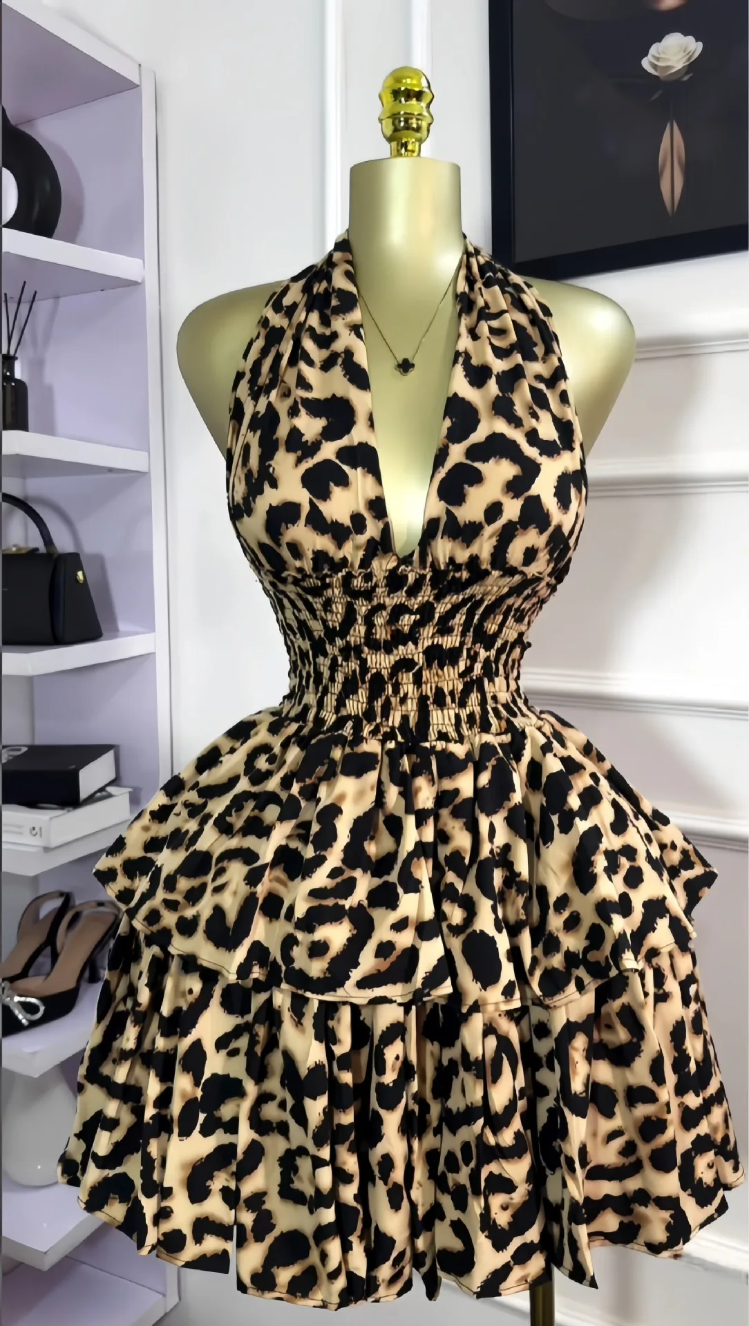 

Slim-fitting Leopard Print Dress Sexy Fashionable Sweet Evening Dress Waist-cinching Pleated Halter Neck Tutu Woman Clothes