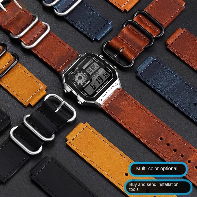 ل Caiso AE-1200 AE-1300 W-218H SW--300H/400H/500H حزام الساعات واجهة محدبة سوار مقاوم للماء الصلب إلى المطاط الأسود 18 مللي متر