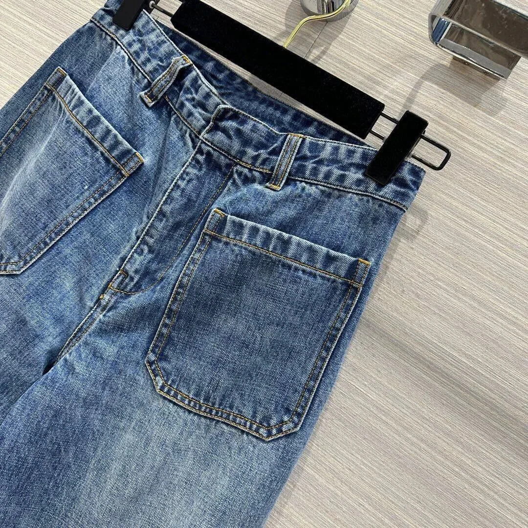 New Fashion Streetwear Washed Blue Denim Pants Women Zipper Fly High Waist Pocket Ide Leg Jeans