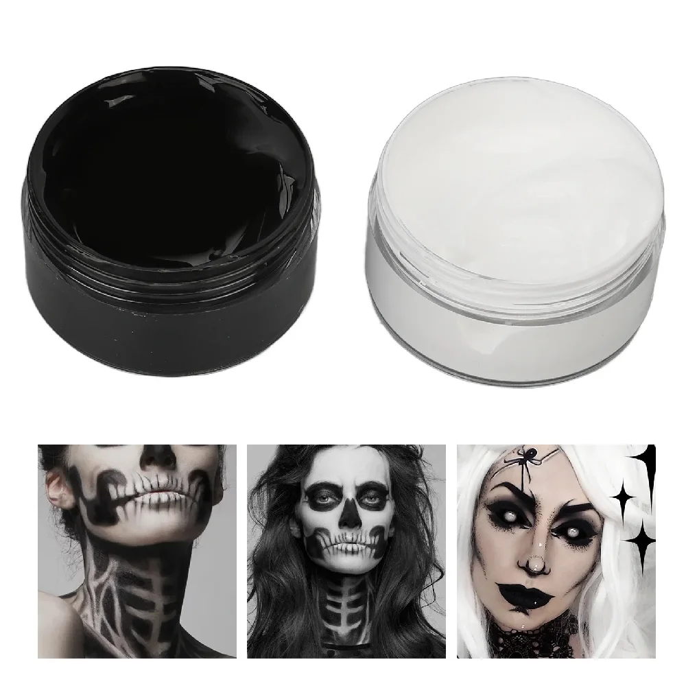 2PCS Halloween Face Painting Kit Highly Pigmented Face Body brus Paint Black and White for DIY Cosplay Theme Parties Body Makeup