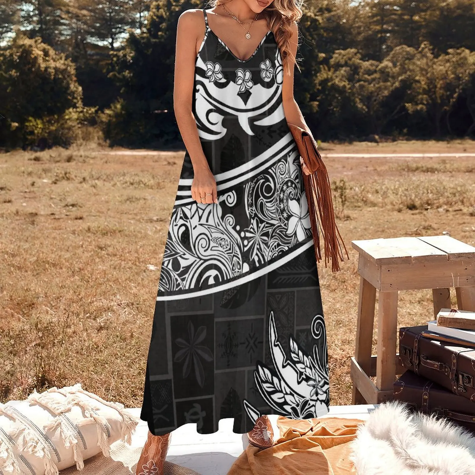 Hawaiian - Polynesian Black And White Tapa Artboard Sleeveless Dress african dresses for woman long dress women