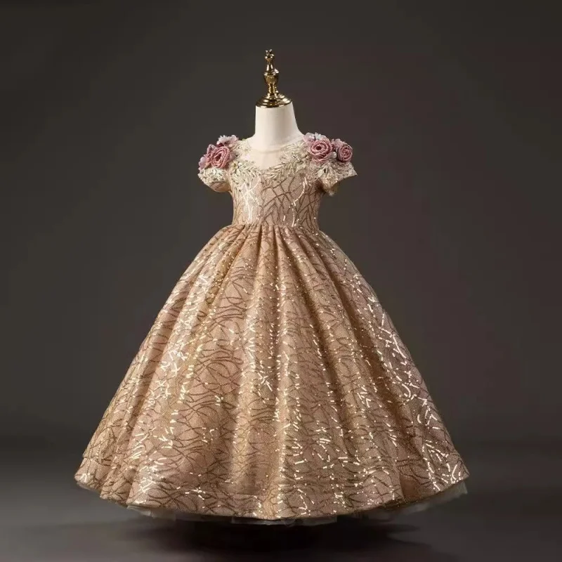 

Girls' Sequin Princess Dress Birthday Little Host Elegant Piano Performance Dress Catwalk Evening Dress Solo Performance Dress