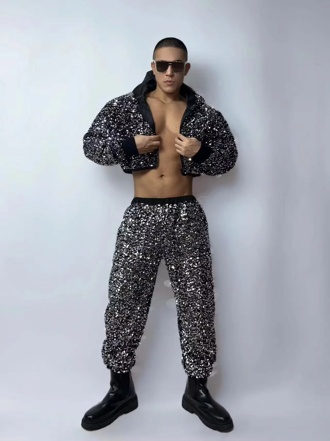 

New Men's Sequins Hooded Jacket Pants 2 Piece Set Hip Hop Dance Costume Nightclub Bar Male Singer Stage Show Performance Wear