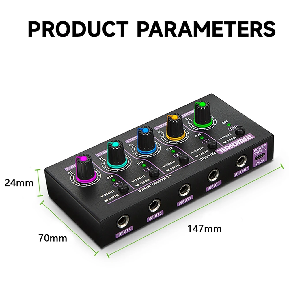 GAX-MH400 Ultra Low Noise Mini 4-Channel Mixer Mini Stereo Mixer Mixer Output Device Microphone Guitar Mixer EU-Plug