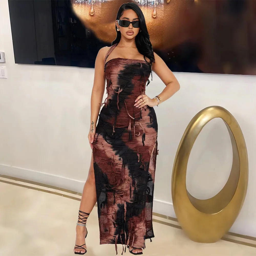 Irmã estrela moda feminina sem mangas sem costas divisão tie-dye mendigo mendigo sedoso drape personalizado vestidos estilo rua