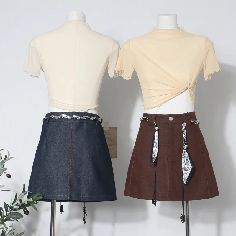 Foulard en soie sangle ceinture rétro taille haute jupe en jean Anti-lumière a-word jupe de hanche