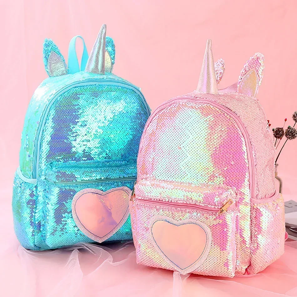 Sequins Unicorn Backpacks for Girls Boys Mermaid Heart Pattern Double Shoulders Back Pack Children Student Schoolbag Mochila