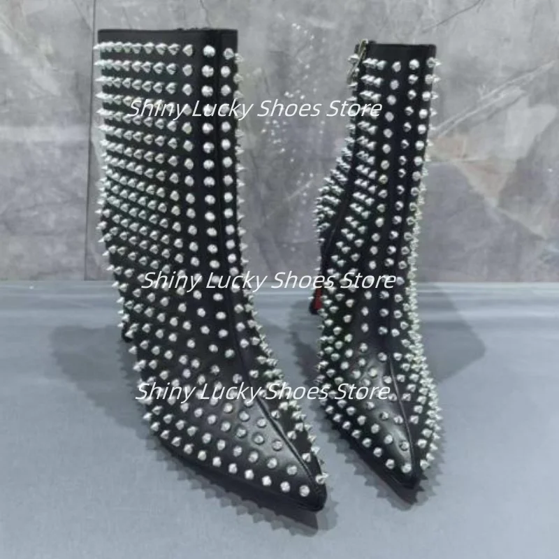 

Женская обувь с заклепками, женские туфли на высоком каблуке с острым носком, швейные линии, таконы, женские короткие сапоги, кожаные женские туфли с заклепками, Zapatos