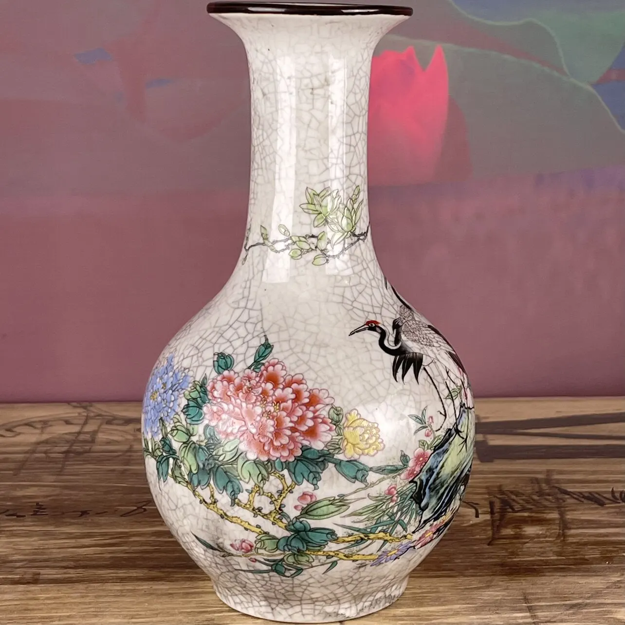 Jingdezhen Old Style Crackle Porcelain Vase Famille Rose Pine Crane Pattern Ceramic Appreciation Bottle Chinese Home Ornament