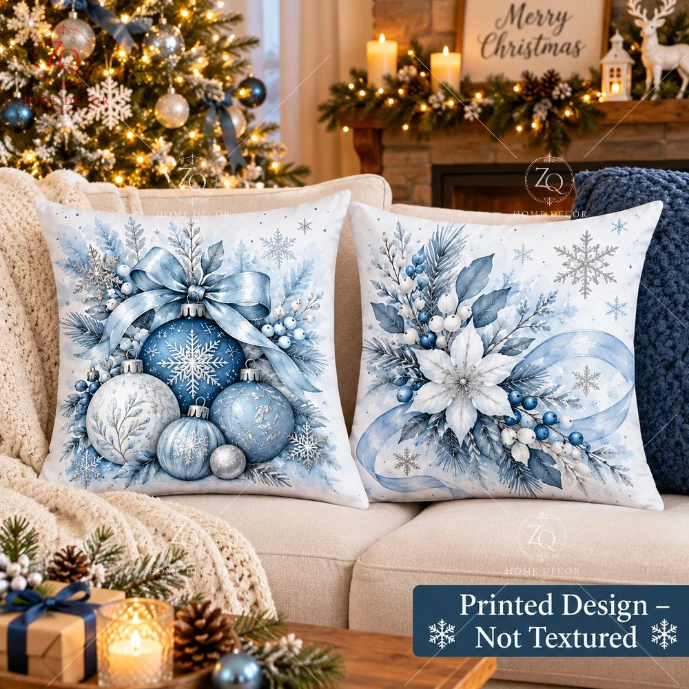 Blue Christmas Pillow Cover 2D Flat Printed Peach Skin Throw Pillowcase Snowflake Baubles Cushion Cover Bed Couch Home Decor