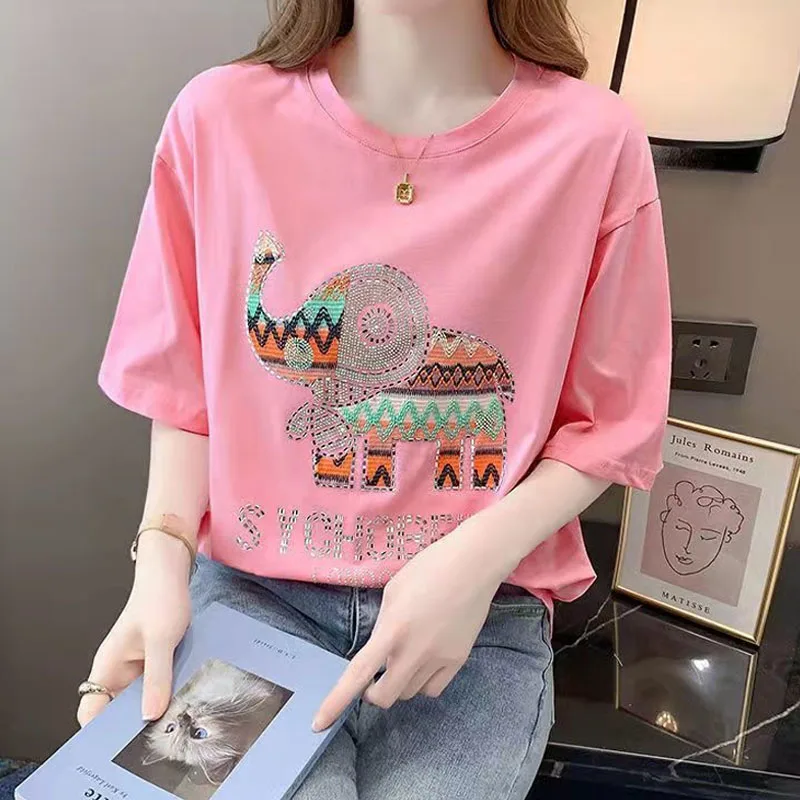 Korean Loose Round Neck Cartoon Embroidery Tops For Female Casual Fashion Diamonds Spliced T-shirt Summer New Women\'s Clothing