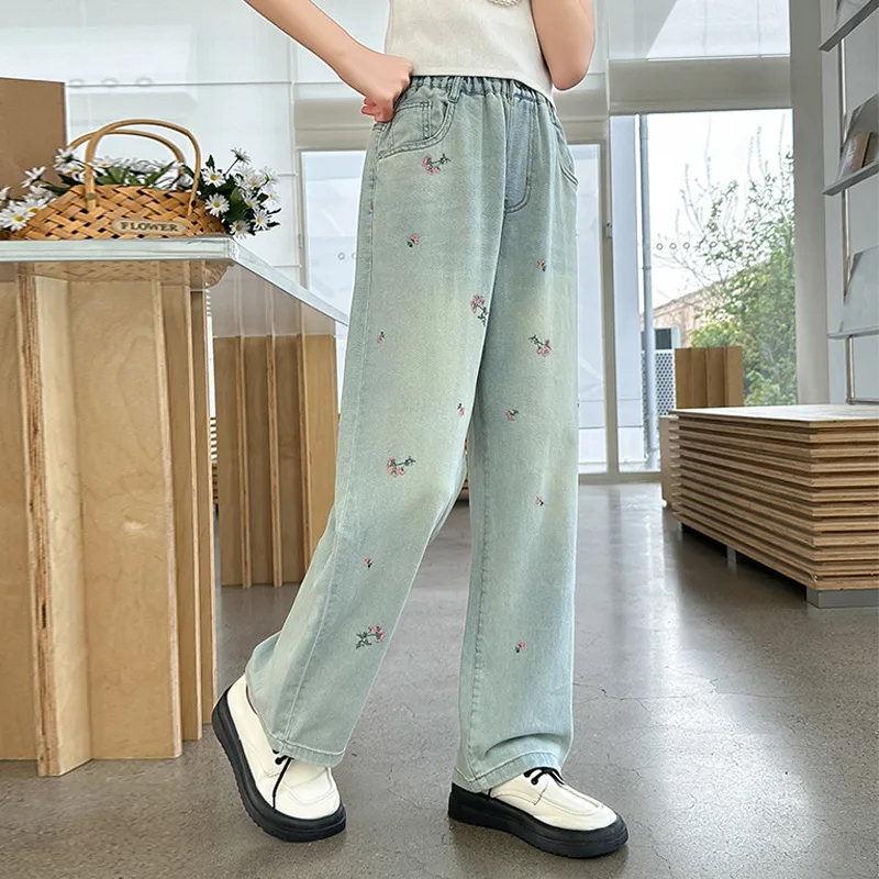 Girls Summer New Light and Thin Jeans Children's Loose Embroidered Wide Legged Pants Kids Korean Edition Pants 120-170CM