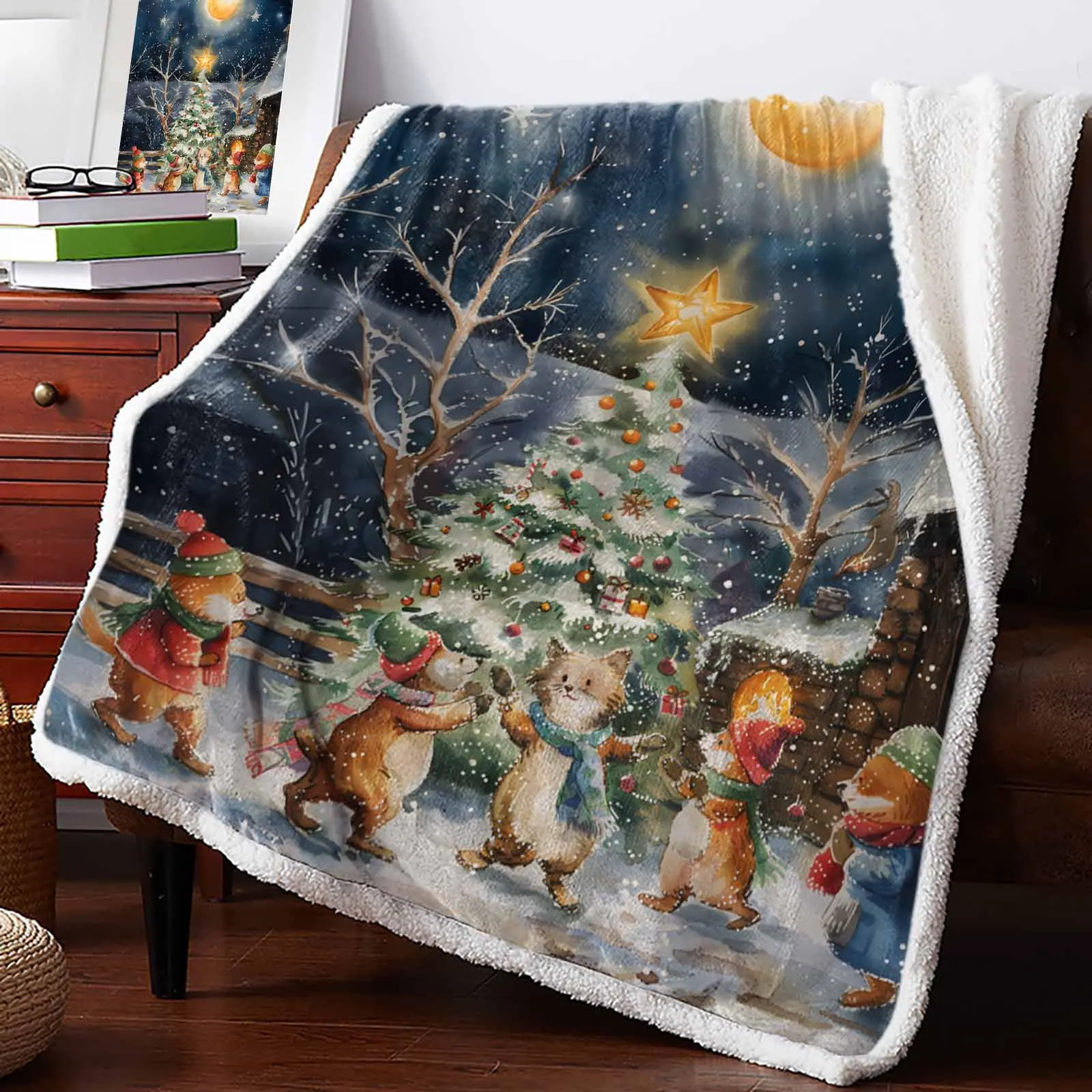 

Christmas Colorful Forest Moon Bonfire Animals Winter Warm Cashmere Blanket Office Sofa Soft Throw Blanket Kids Bed Bedspread