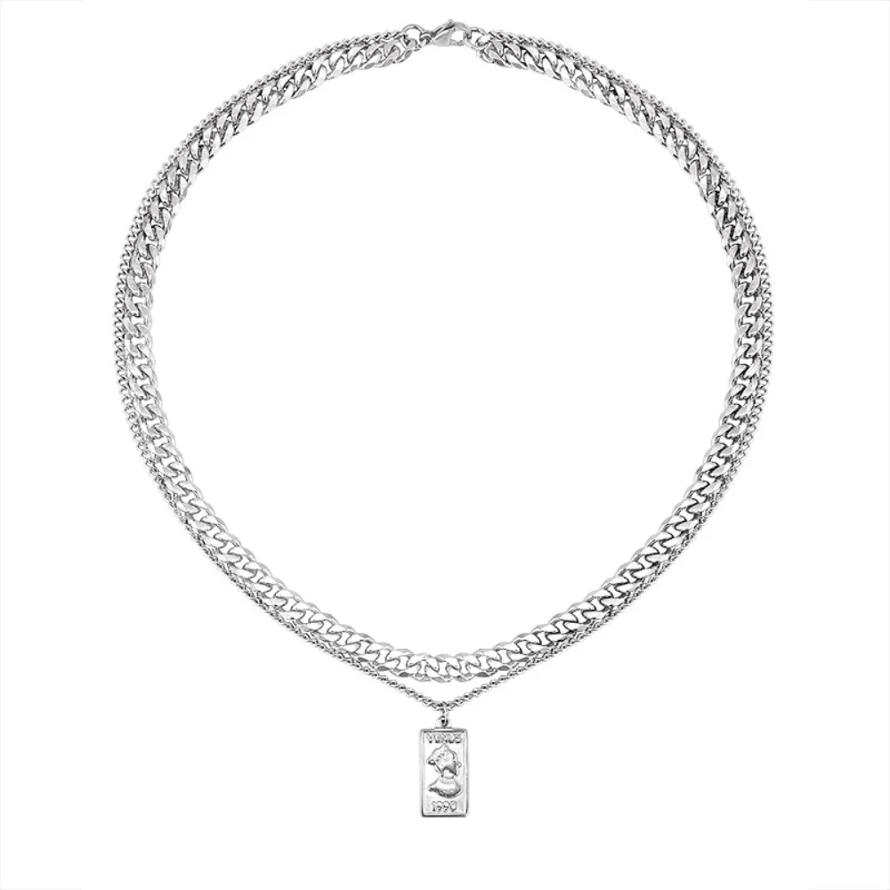 Retro Doppelschichtige Kubanische Kettenkette Hip-Hop Herren Edelstahl Anhänger Halskette Modische Pulloverkette Schmuck – Detail 5