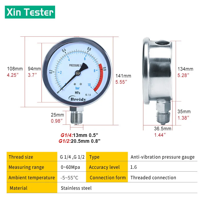 Imagem -05 - Xin Tester Dia Manômetro Glicerina Livre de ar Óleo Hidráulico Manômetro Anti-vibração Thread g1 g1 060mpa 100 mm