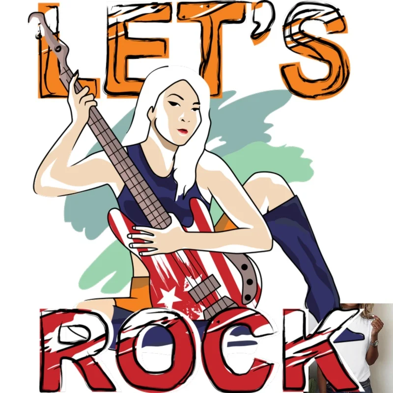Vinilo Termoadhesivo con Diseño de Chica Rockera Tocando la Guitarra, con Tinta Blanca, Moderno y Versátil para Camisetas y Lonas