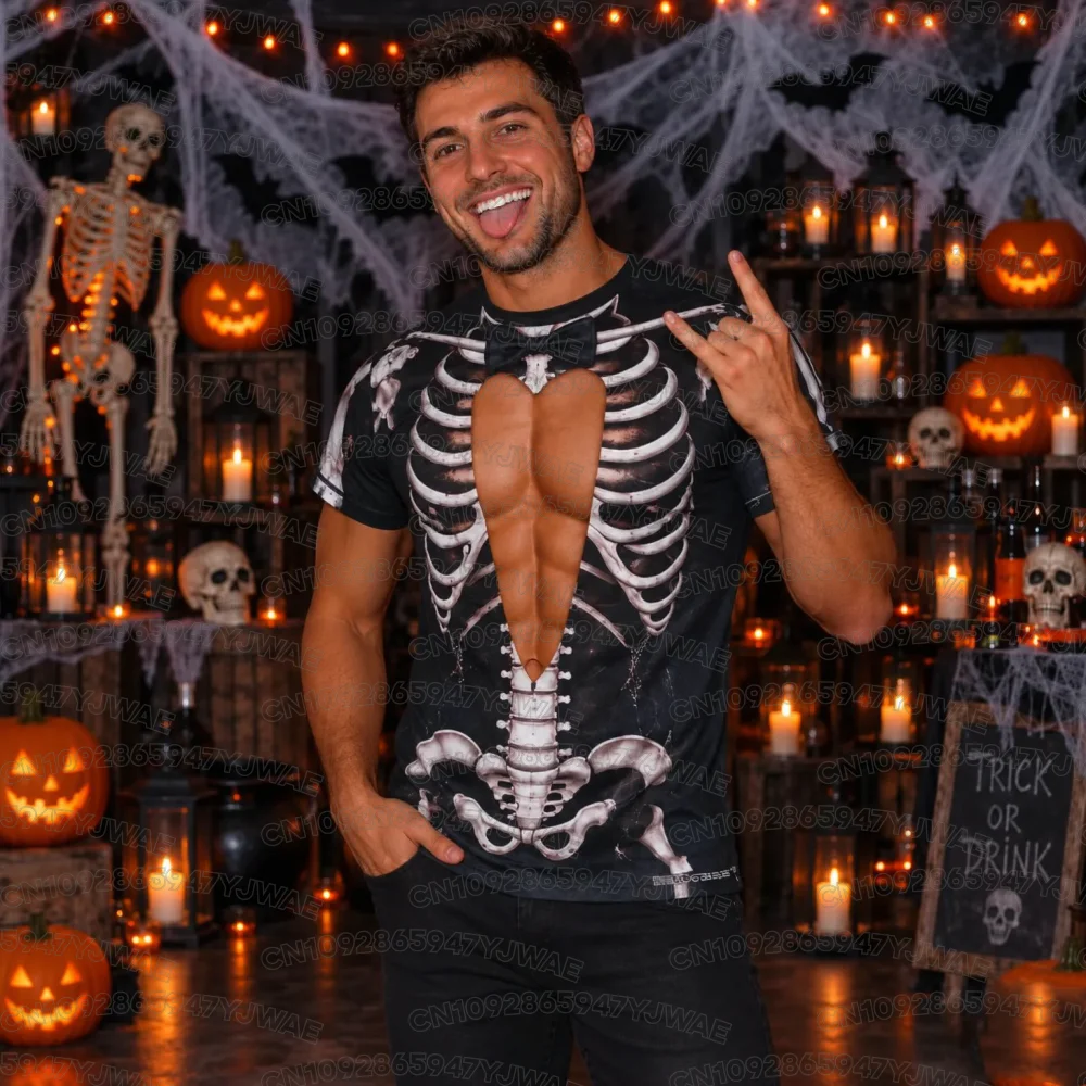 Sommerliches Skelett-Cosplay-Kostüm für Damen und Herren, gruseliges Party-Outfit, 3D-Knochengrafik, Fake-Brust, Halloween-Party-Kostüm, Paar-T-Shirt – Detail 5