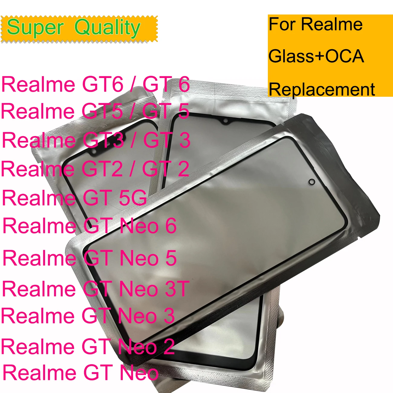 10Pcs/Lot For Realme GT Neo 2 3 3T 5 6 GT2 GT3 GT5 GT6 5G Touch Screen Panel Front Outer Glass LCD Lens With OCA Replacement