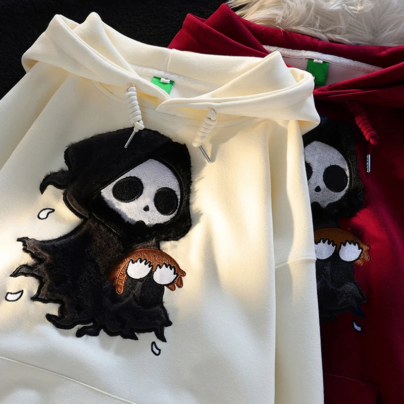 2024 Spring Autumn Women Cartoon Plush Skeleton Hooded Sweatshirt Cotton Printed Hoodies Streetwear Female Tops Casual Clothes