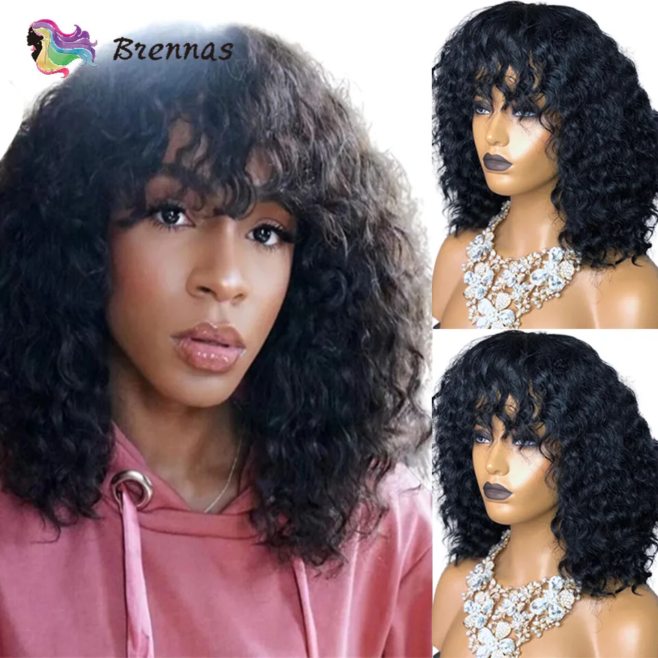 

Wear And Go Curly Human Hair Bob Wigs With Bangs Density180 Short Glueless Curly Bob Wigs Human Hair For Black Women Can Be Dyed