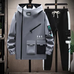 Youth Casual Men Tracksuit  Fashion Mens Outfits Set Hooded pullover pocket jacket+ Sweatpants Two Piece Sets Running Sports Sui