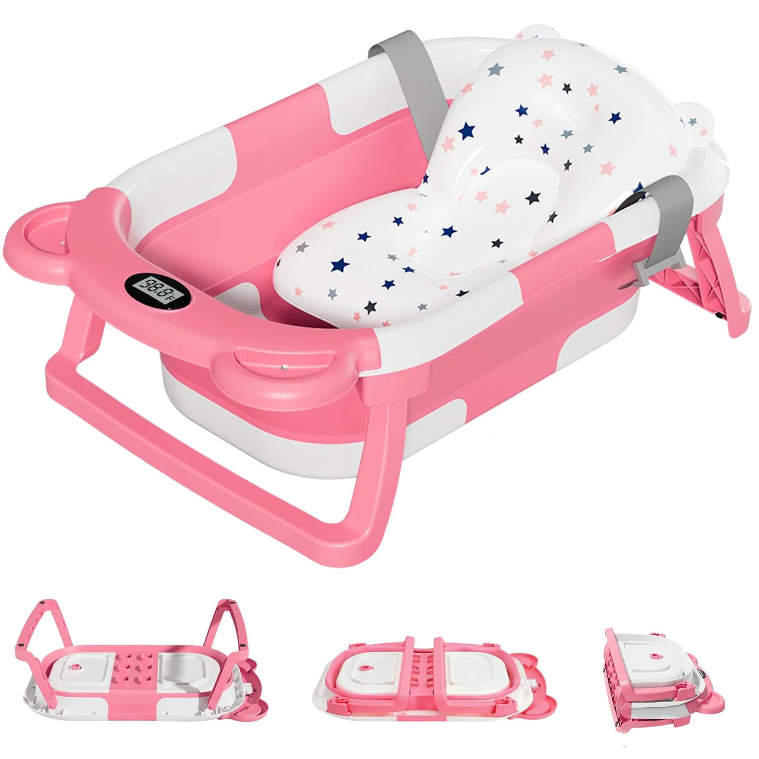Zusammenklappbare Babybadewanne für Neugeborene mit Thermometer und 1 weichem schwimmendem Kissen, tragbare Reisebadewanne mit Abflussloch, Babywannen