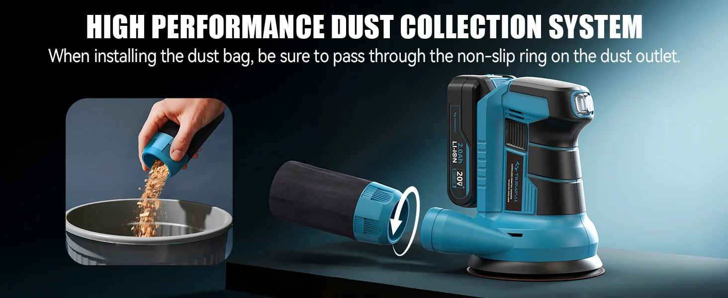 20V Cordless Orbital Sander 5'' Electric Palm Sander With Variable Speed 7000-11000 OPM Random Orbit Sander With Vacuum Dust Collector 2000mAh Battery & Fast Charger 12Pcs Sanding Discs For Woodworking Furniture (Blue)